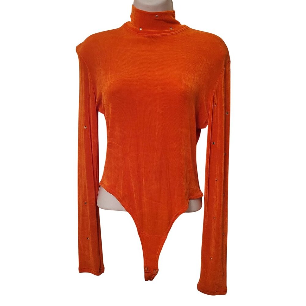Vintage Isabel Orange Bodysuit Rhinestone‎ M Liquid Knit Stretch Mock Turtleneck
